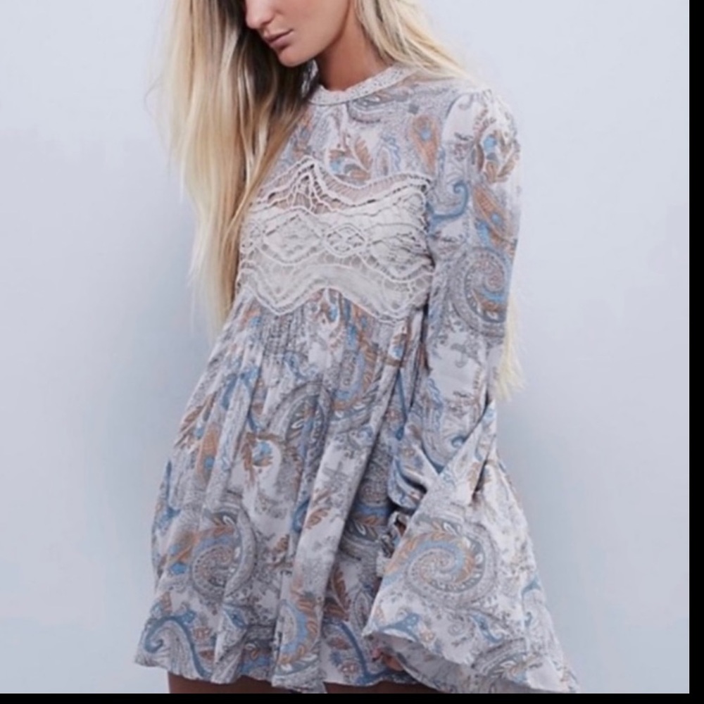Free People Paisley Lace Tunic in Blue and Cream